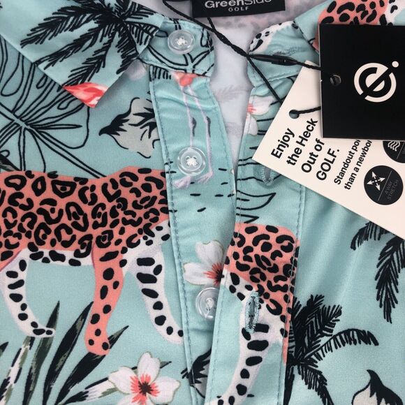 Greenside Golf Men's Polo Shirt African Oasis Medium Cheetah Flamingo Tropical - Picture 8 of 16